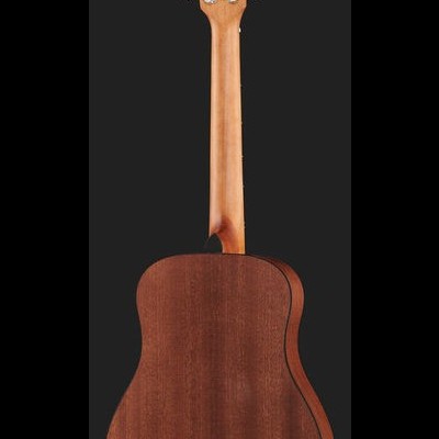 Guitarra acústica vista de trás, em madeira castanha com tarraxas cromadas.