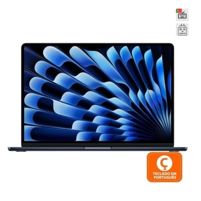 Computador portátil com ecrã aberto e selo de teclado em português