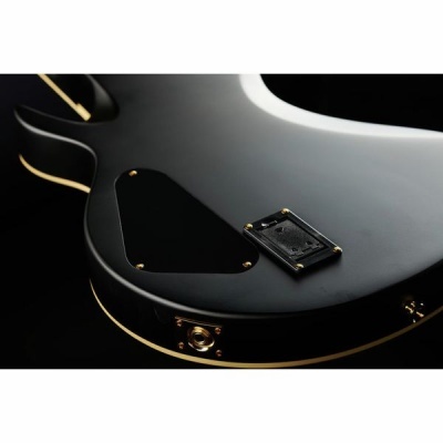 Parte traseira de guitarra elétrica preta fosca com placas pretas e bordas creme