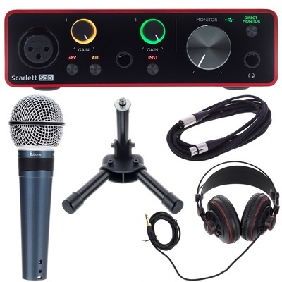 Conjunto de equipamento áudio com interface Scarlett Solo, microfone, suporte, cabos e auscultadores