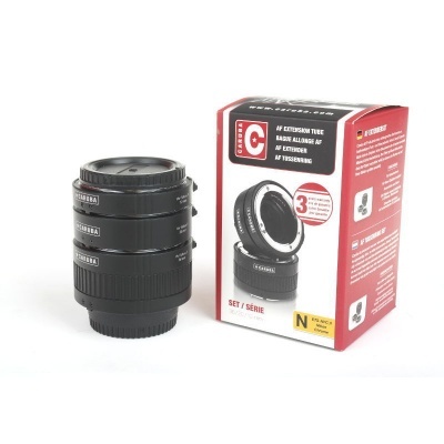 Conjunto de extensores de lente Fotodiox AF para Nikon N com embalagem vermelha e branca