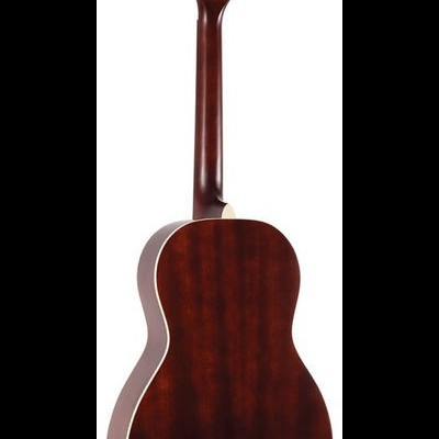 Guitarra acústica de madeira castanha vista de trás