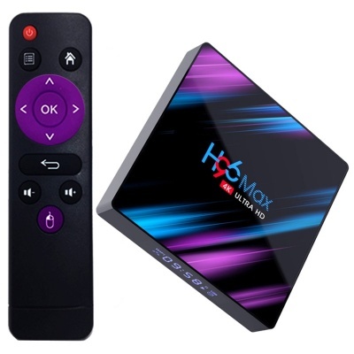Leitor multimédia H96 Max 4K Ultra HD com comando remoto preto e roxo