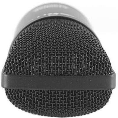 Microfone preto com grelha metálica texturizada