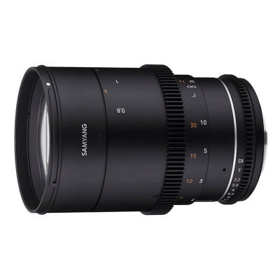 Objetiva fotográfica preta Samyang com marcações numéricas