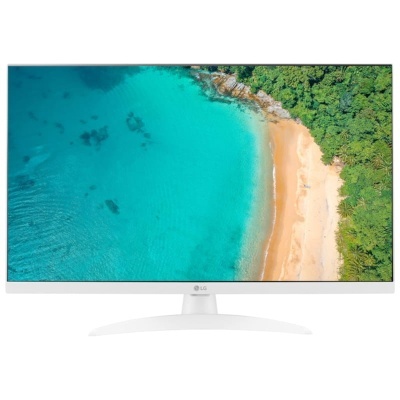 Monitor LG branco com imagem de praia no ecrã