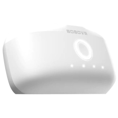 Dispositivo eletrónico branco com luzes indicadoras e marca BOBOVA
