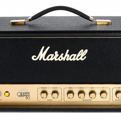 Cabeça de amplificador Marshall preto com painel dourado e botões de controlo.