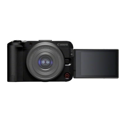 Máquina fotográfica Canon preta com visor LCD giratório aberto