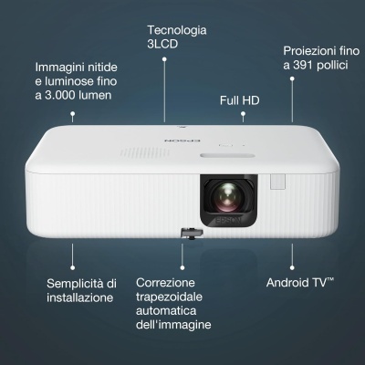 Projetor branco Epson com lente exposta e texto técnico em italiano sobre fundo azul.