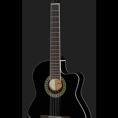 Guitarra clássica preta com cutaway e roseta verde e branca