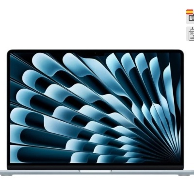 Computador portátil prateado com ecrã azul abstracto