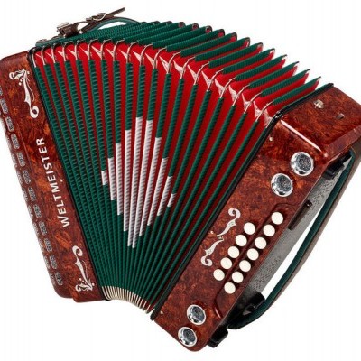 Acordeão WELTMEISTER com fole verde, vermelho e branco e acabamento em madeira castanha