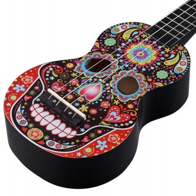 Ukulele com design colorido de caveira mexicana