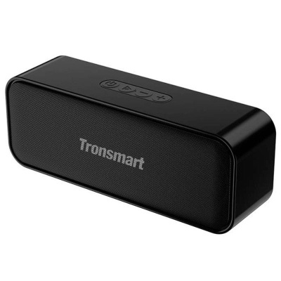 Coluna sonora portátil preta da marca Tronsmart com botões de controlo na parte superior