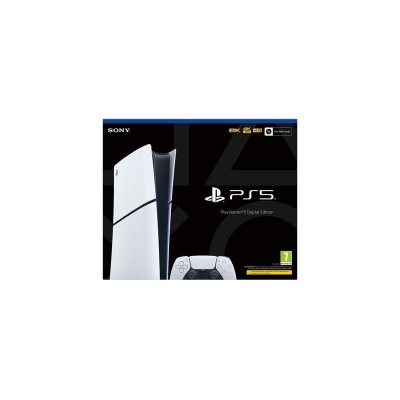 Embalagem da consola PlayStation 5 Digital Edition com controlador branco ao fundo preto