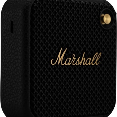 Coluna portátil Marshall preta com logótipo dourado