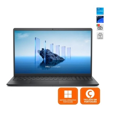 Portátil Dell preto com ecrã ligado e etiquetas de sistema operativo e teclado em português