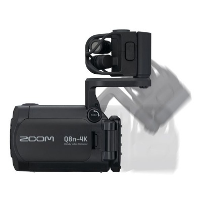 Gravador de vídeo Zoom Q8n-4K preto com microfone articulado em fundo branco