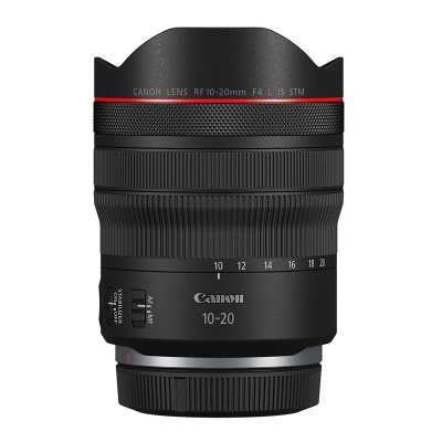 Lente Canon RF10-20mm preta com detalhes vermelhos e brancos