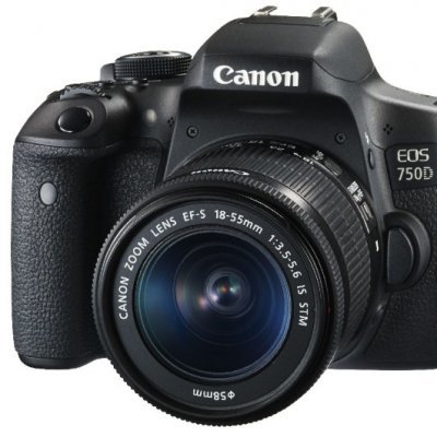 Câmara Canon EOS 750D preta com lente Canon Zoom Lens EF-S 18-55mm.