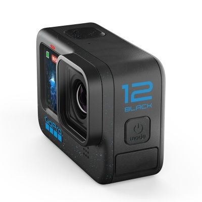 Câmara de ação GoPro HERO 12 Black preta com lente grande e botão de ligar