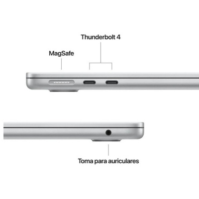 Lados de portátil prateado com portas MagSafe, Thunderbolt 4 e entrada para auriculares.