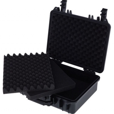 Caixa preta rígida aberta com espuma de proteção interna