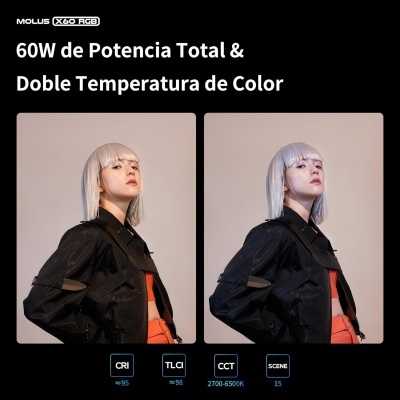 Mulher com cabelo branco em casaco preto e topo laranja com fundo cinza, texto promocional sobre potência e cor.