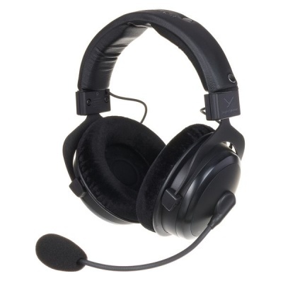 Headset preto com micrófone e almofadas de veludo