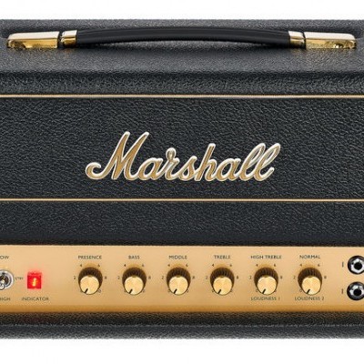 Amplificador de guitarra Marshall preto com painel dourado e botões