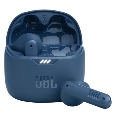 Auscultadores JBL sem fios azul escuro com estojo de carregamento aberto e luzes LED