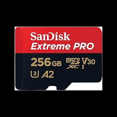 Cartão microSD SanDisk Extreme PRO 256GB vermelho e preto com texto dourado