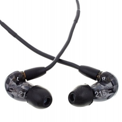 Auriculares intra-auriculares pretos com cabos e pontas de silicone