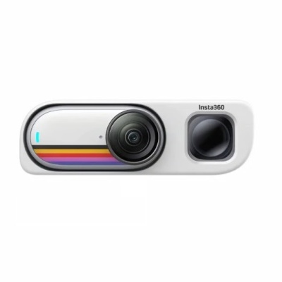 Câmara de ação branca Insta360 com duas lentes e faixa colorida horizontal