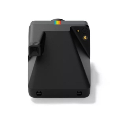 Câmara instantânea preta com botão amarelo e faixa colorida no topo