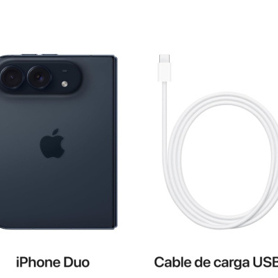 iPhone Duo preto fosco com duas câmaras e cabo de carga USB-C branco trançado