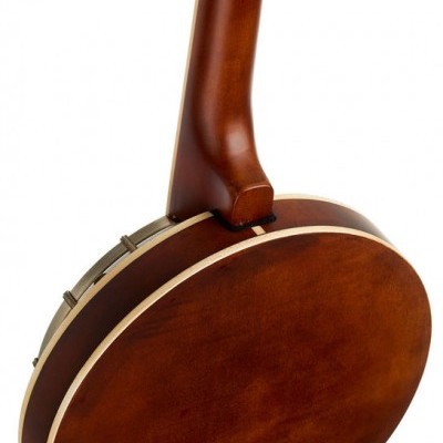 Parte traseira de banjo de madeira castanha com bordas claras e partes metálicas