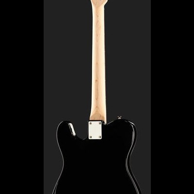 Guitarra elétrica preta vista de trás com braço de madeira clara e tarraxas cromadas