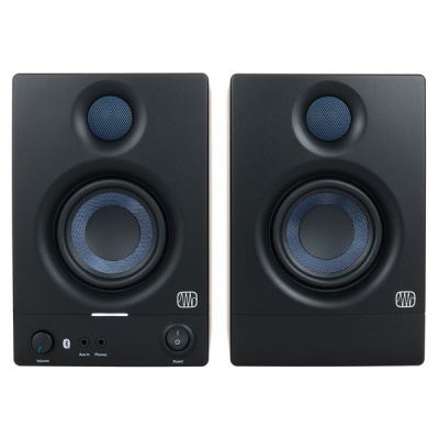 Par de colunas de áudio pretas com detalhes azuis e botões