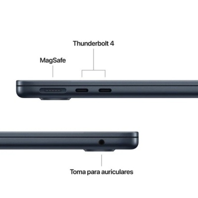 Vistas laterais de portátil com portas MagSafe, Thunderbolt 4 e tomada para auriculares