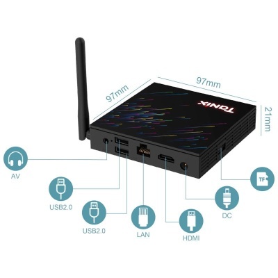 Caixa eletrónica preta compacta com antena Wi-Fi e múltiplas portas