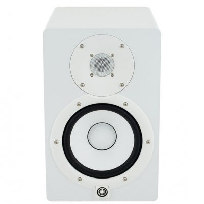 Coluna de áudio branca com dois altifalantes e logótipo circular