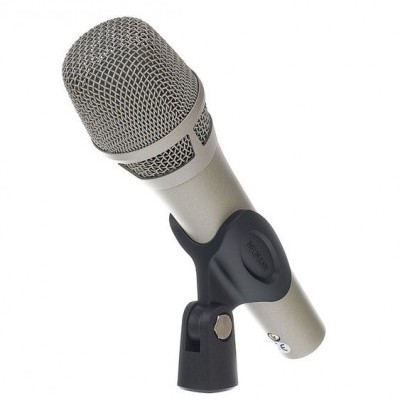 Microfone Pronomic cinza com suporte preto