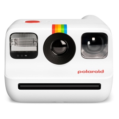 Câmara instantânea Polaroid branca com faixa colorida e lente central