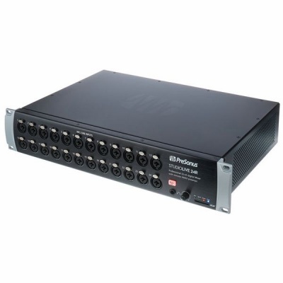 Interface de áudio PreSonus StudioLive 24R preta com várias entradas e texto no painel frontal