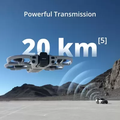 Drone branco com câmeras em voo e texto sobre transmissão de 20 km