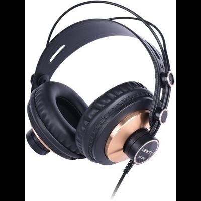 Auscultadores pretos com detalhes dourados e cabo ligado da marca LEWITZ