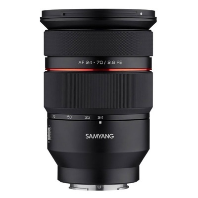 Objetiva Samyang AF 24-70 mm f/2.8 FE preta com detalhes vermelhos