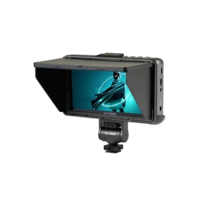 Monitor portátil de vídeo preto com ecrã e capuz anti-reflexo